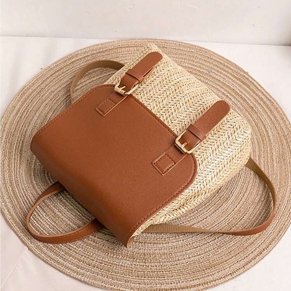Boho Vegan Leather Straw Mini Backpack Pink main image 8